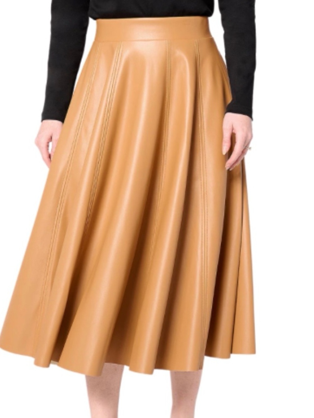 High-Waist Camel Faux Leather Circle Skirt with Pockets